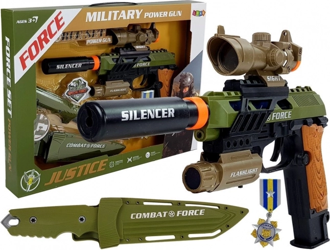 Militär-Spielset mit Pistole, Messer und Medaille mit Lichtern und Geräuschen
