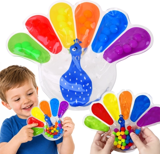 Sensorisches Quetschspielzeug Fidget Pfau mit bunten Kügelchen – 1 Stück