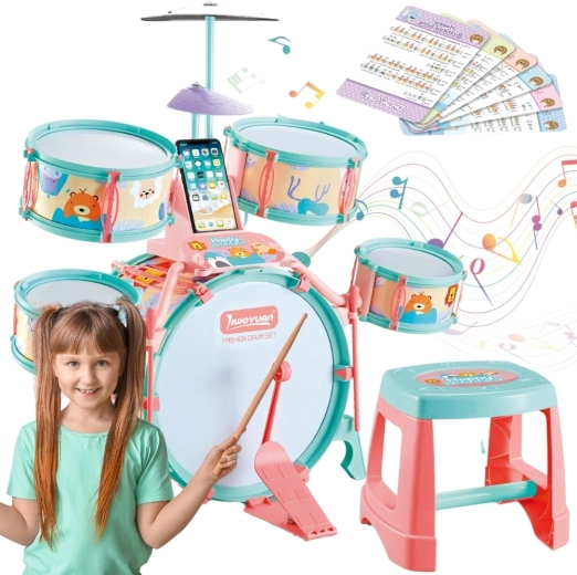 Woopie Kinder-Schlagzeug mit 5 Trommeln, Becken und Hocker mit Tiermotiv