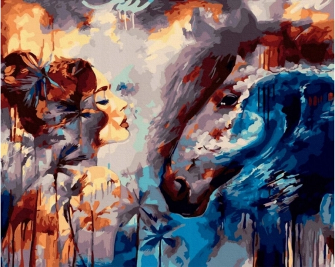 Malen nach Zahlen auf Leinwand im Rahmen 50 × 40 cm Blick – Frau und Pferd