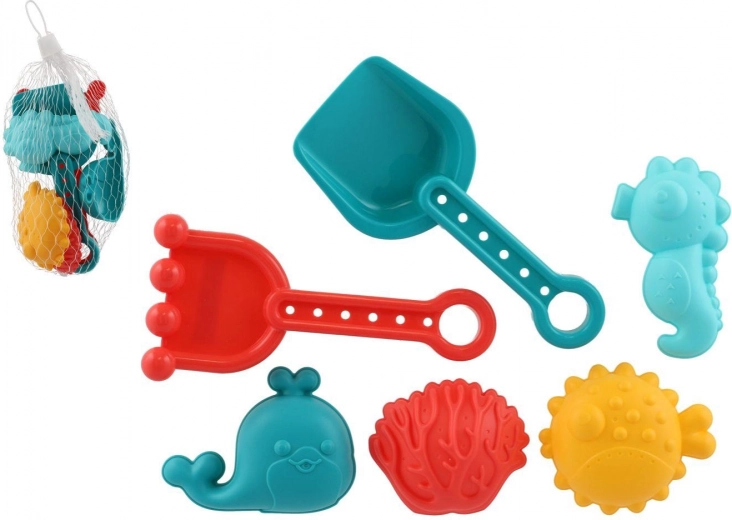 Plastik-Sandspielset für Kinder mit Schaufel, Harke und Förmchen im Netz