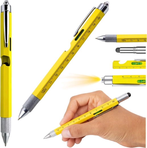 Multifunktionaler Metallstift 8-in-1 mit LED-Taschenlampe und Wasserwaage – Gelb