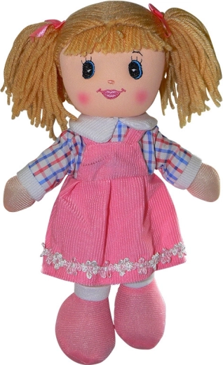 Stoffpuppe 30 cm in dunkelrosa Kleidchen mit blauen Ärmeln