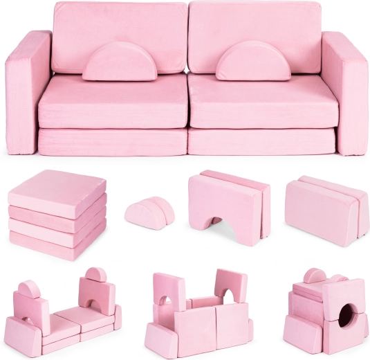 Großes zweiteiliges modulares DIY-Kindersofa mit 10 weichen Kissen – rosa ECOTOYS