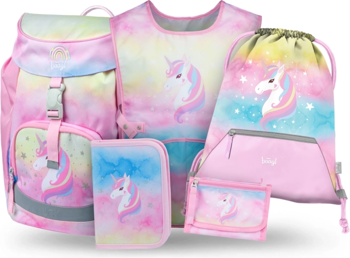 Baagl Set 5 Airy Rainbow Unicorn – Schulrucksack, Federmäppchen, Beutel, Schürze und Geldbörse
