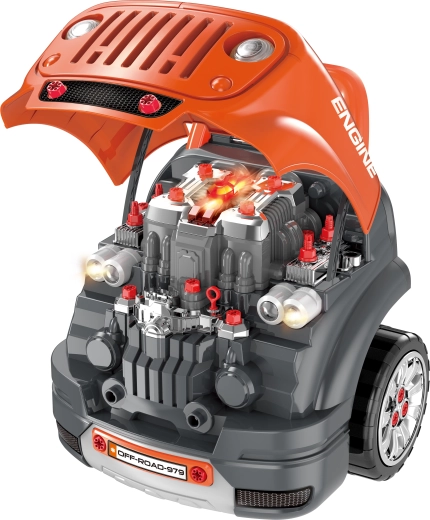 Öffnende Motorhaube und realistischer Motor