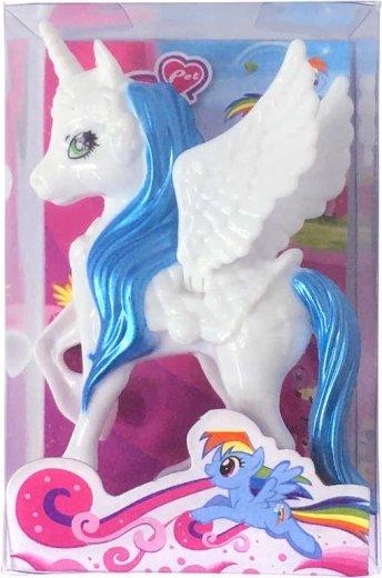 Weiß-blauer Kunststoff-Einhorn mit Flügeln 10 cm in Schachtel