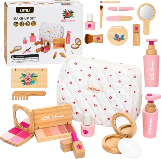 Hölzerset für Kinder – Kosmetikset mit weißer Kosmetiktasche, 17-tlg.