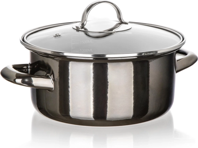 Emaille-Topf mit Glasdeckel 20 cm, 2 l, Metallic Black