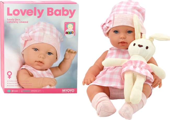 Baby Puppe mit Trage und Häschen in rosa kariertem Outfit