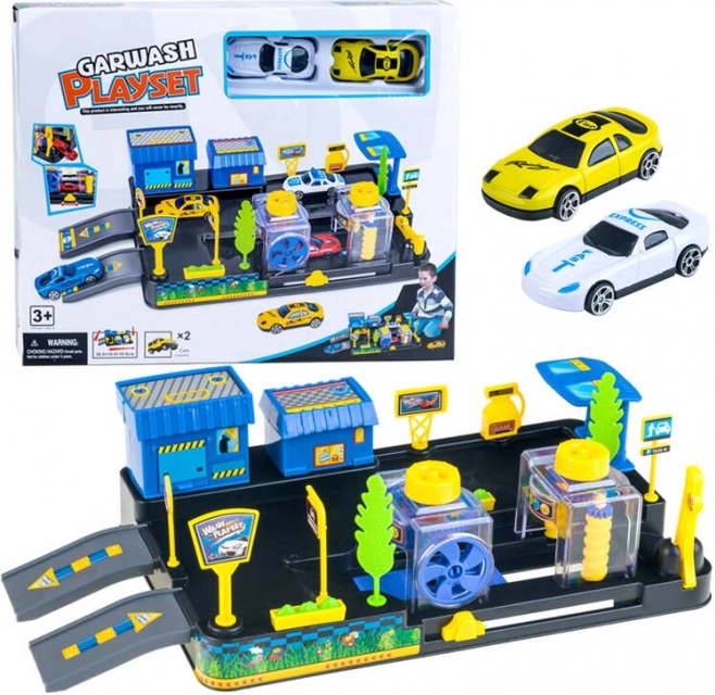 Autowaschanlage und Tankstelle – Kinderset mit Spielzeugautos