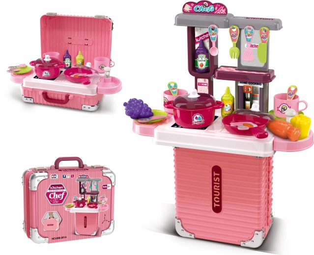 2-in-1 kleiner Koffer und Küchenset mit Zubehör – rosa