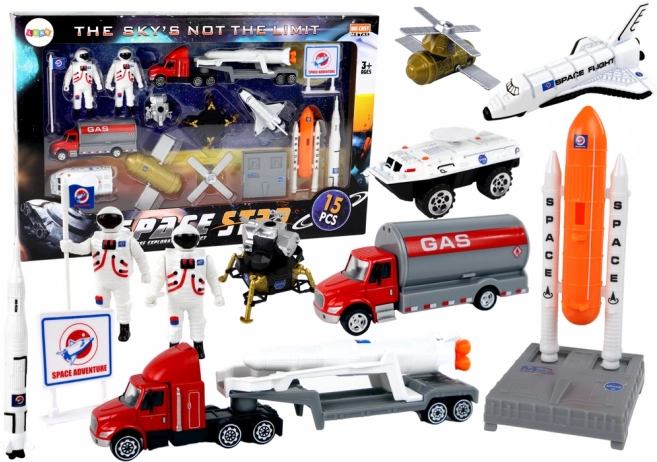 Set aus Weltraumfiguren mit Rakete und Lkw, 15 Teile