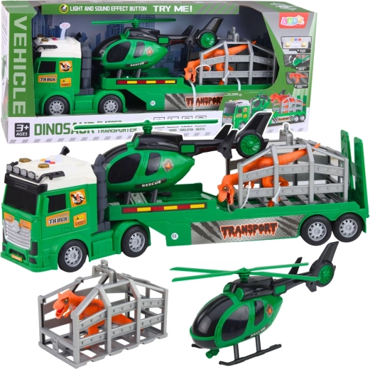 Kinder-Transportset mit Sattelzug, Hubschrauber und Dinosaurierkäfig mit Licht- und Soundeffekten
