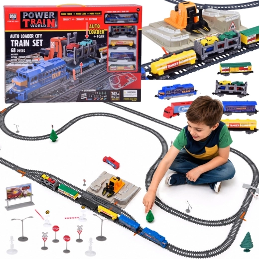 Elektrische Eisenbahn mit Autotransportwagen, 4 Autos und Verladestation (762 cm Strecke)