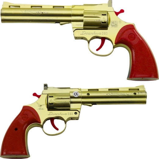 Goldener Taschenrevolver mit Knallplättchen und Schusseffekt