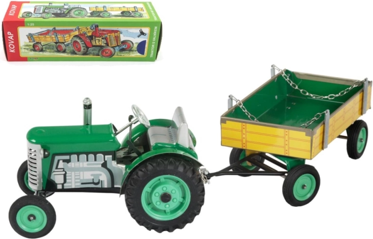KOVAP Metalltraktor Zetor mit Anhänger zum Aufziehen 28 cm – Grün