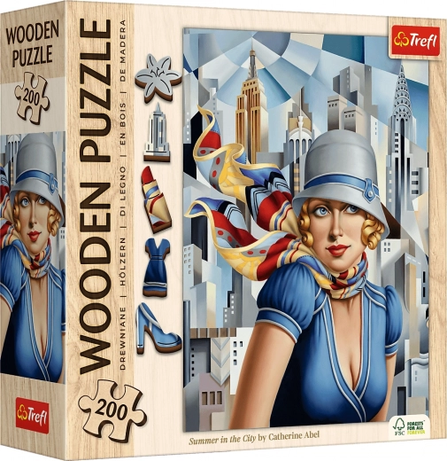 Trefl Holz-Doppelseitiges Puzzle Art: Catherine Abel – Sommer in der Stadt, 200 Teile