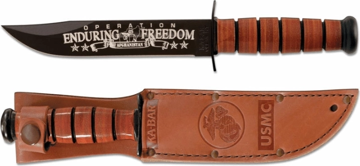 Ka-Bar Gedenkmesser U.S.M.C. OEF Afghanistan 17,8 cm, schwarz, Ledergriff, Lederscheide