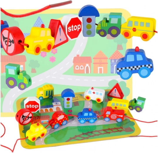 Holzperlen – Fahrzeuge und Verkehrsschilder mit Spielunterlage