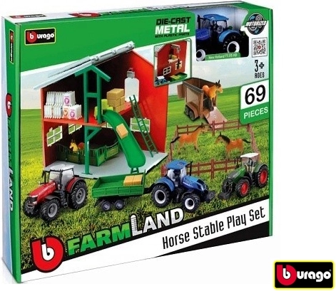 Bburago Farmland Spielset Stall mit Pferden und Traktor, assortiert – 1 Stück