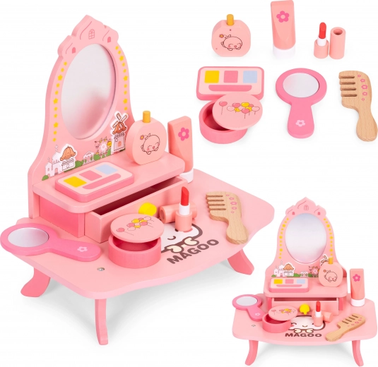 Holziger Schminktisch für Kinder mit Spiegel und Schublade, 7 Zubehörteile ECOTOYS