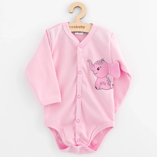 Baby-Body mit durchgehender Knopfleiste und langen Ärmeln NEW BABY Happy Elephant, rosa
