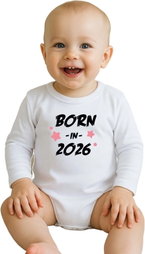 Baby-Body aus Baumwolle mit Aufdruck New Baby Born in 2026, rosa, langer Ärmel