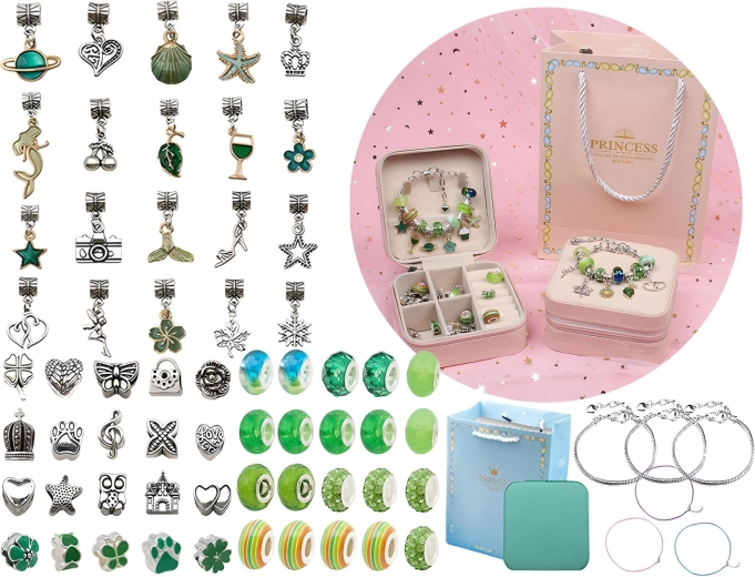 Set zum Herstellen von Schmuck und Armbändern mit Perlen und Anhängern in Grüntönen + Etui