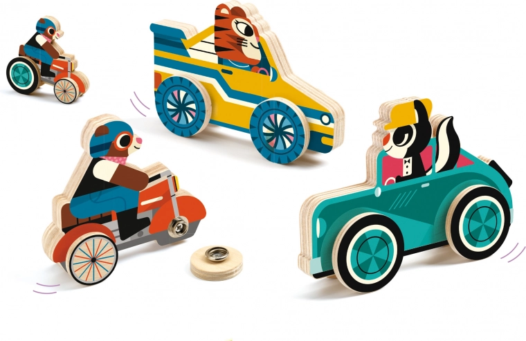 Hölzerne Fahrzeuge mit Druckknöpfen von Djeco