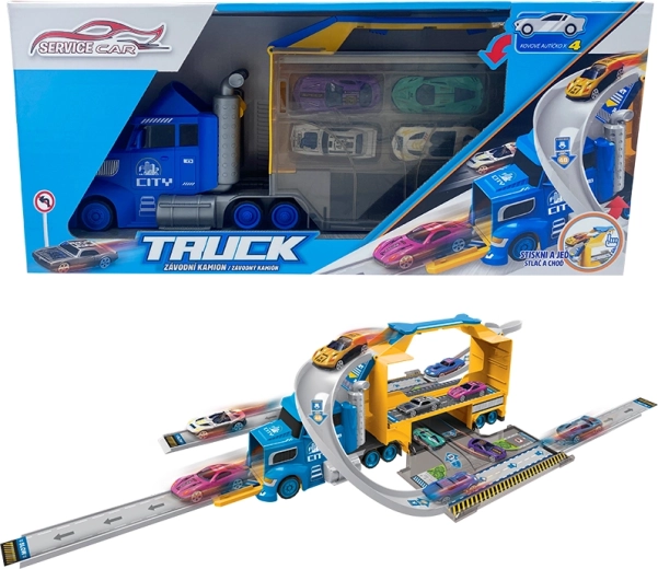 Sparky-Truck mit 4 Autos und Verkehrsschildern