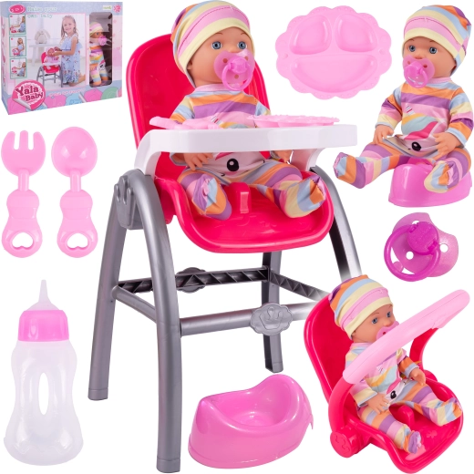 Puppe mit Hochstuhl und Zubehör 3-in-1