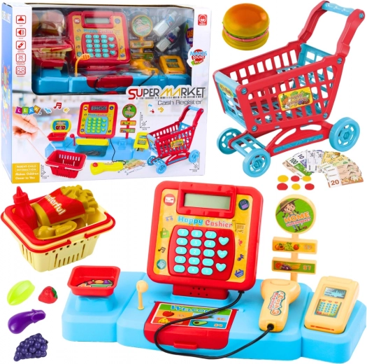 Kinderspielset Kasse, Einkaufskorb und Lebensmittel mit Effekten