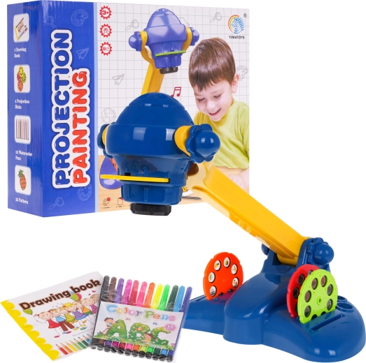 Kinder-Zeichenprojektor 3+ mit Geräuschen und Lichtern, 4 Scheiben, 12 Filzstifte und Block