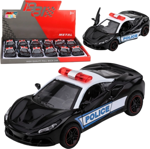Metallisches Polizeisportauto 1:43 mit Rückziehantrieb, schwarz-weiß, mit öffnenden Türen