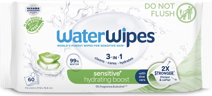 WaterWipes feuchtigkeitsspendende Feuchttücher mit Aloe Vera 3-in-1, 60 Stk.