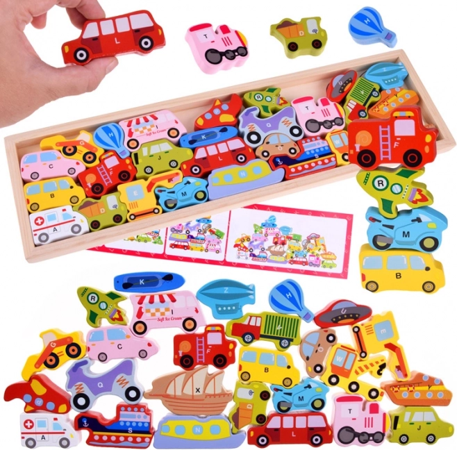 Großes hölzernes Fahrzeug-ABC-Set – 27 Teile, Puzzle und Sortieren