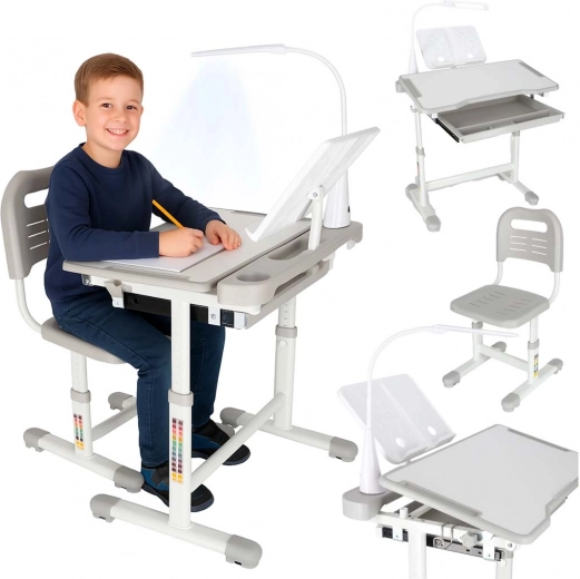 Wachsender Kinderschreibtisch mit Stuhl und LED-Lampe, grau
