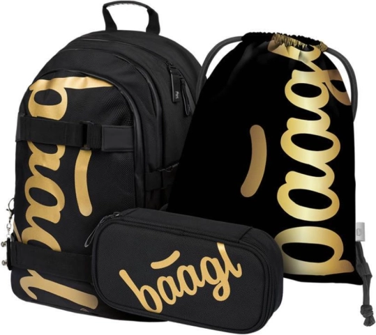 BAAGL Schulset Skate Gold – Rucksack, Federmäppchen und Beutel