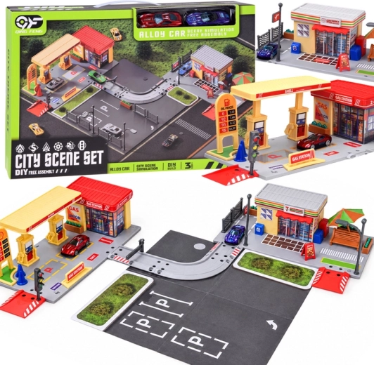 Kinder-Tankstelle mit Geschäft, Straße, Parkplatz und 2 Autos