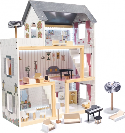 Puppenhaus aus MDF-Holz, schwarz, 78 cm mit LED-Beleuchtung