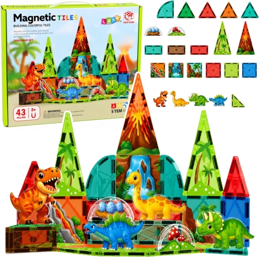 Magnetische Bauteile Dinosaurier – Vulkan, buntes Set, 43 Stk.