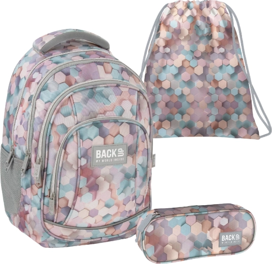 Schulset BackUP Geometric Beige 3-in-1 – Rucksack, Federmäppchen und Turnbeutel
