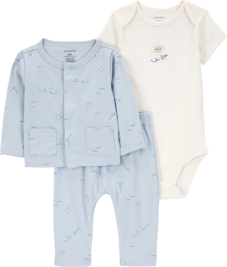 Carter’s 3‑teiliges Baby-Set – Sweatjacke, Kurzarm-Body und Jogginghose Blue Airplane (Junge, Gr. 56)
