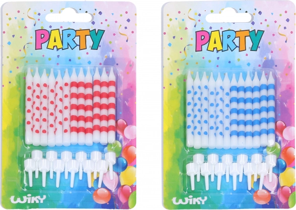 Geburtstagskerzen mit Punkten und Streifen, 12 Stück + Halter