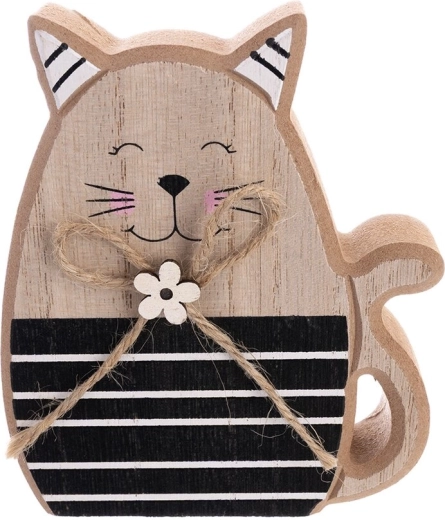 Holzdekoration Katze beige/schwarz 12 cm