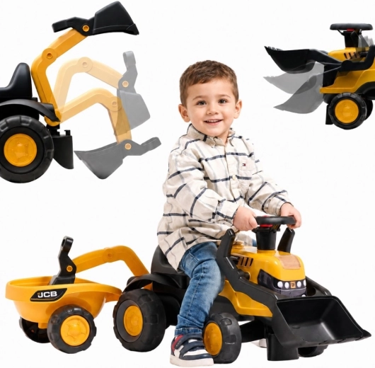 JCB-Rutschfahrzeug für Kinder mit Anhänger, Schaufel und Rechen