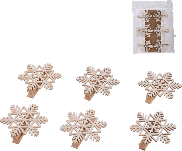 Dekorative Holzklammern mit Schneeflocke, weiß, 6 Stk.