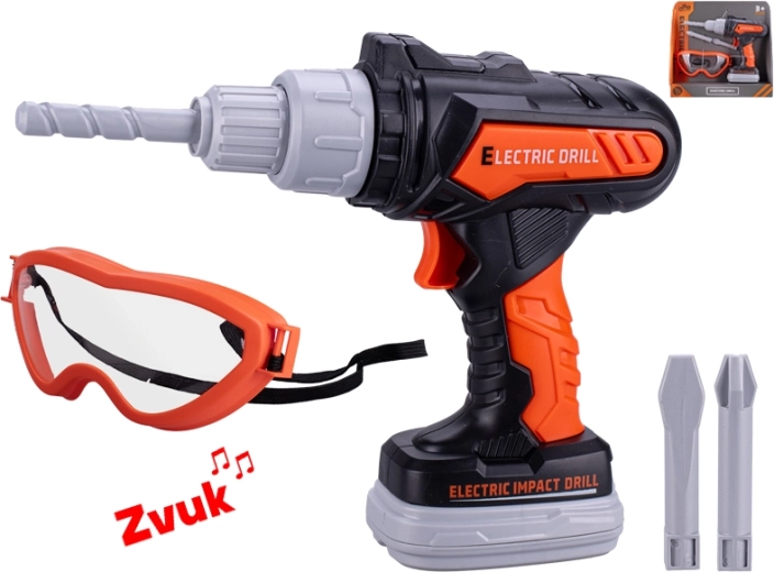 Kinder-Schlagbohrmaschine mit Batteriebetrieb, Geräuschen und Schutzbrille