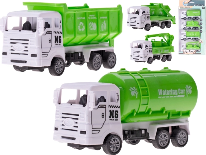 Set aus Müllfahrzeugen mit Rückzug 13 cm, 4 Stk.